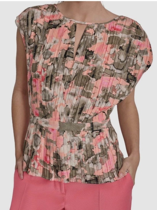 Dkny Tops - DKNY Women's Pink Printed Crewneck Pleated Peplum Fitted Blouse Top Size L, XL